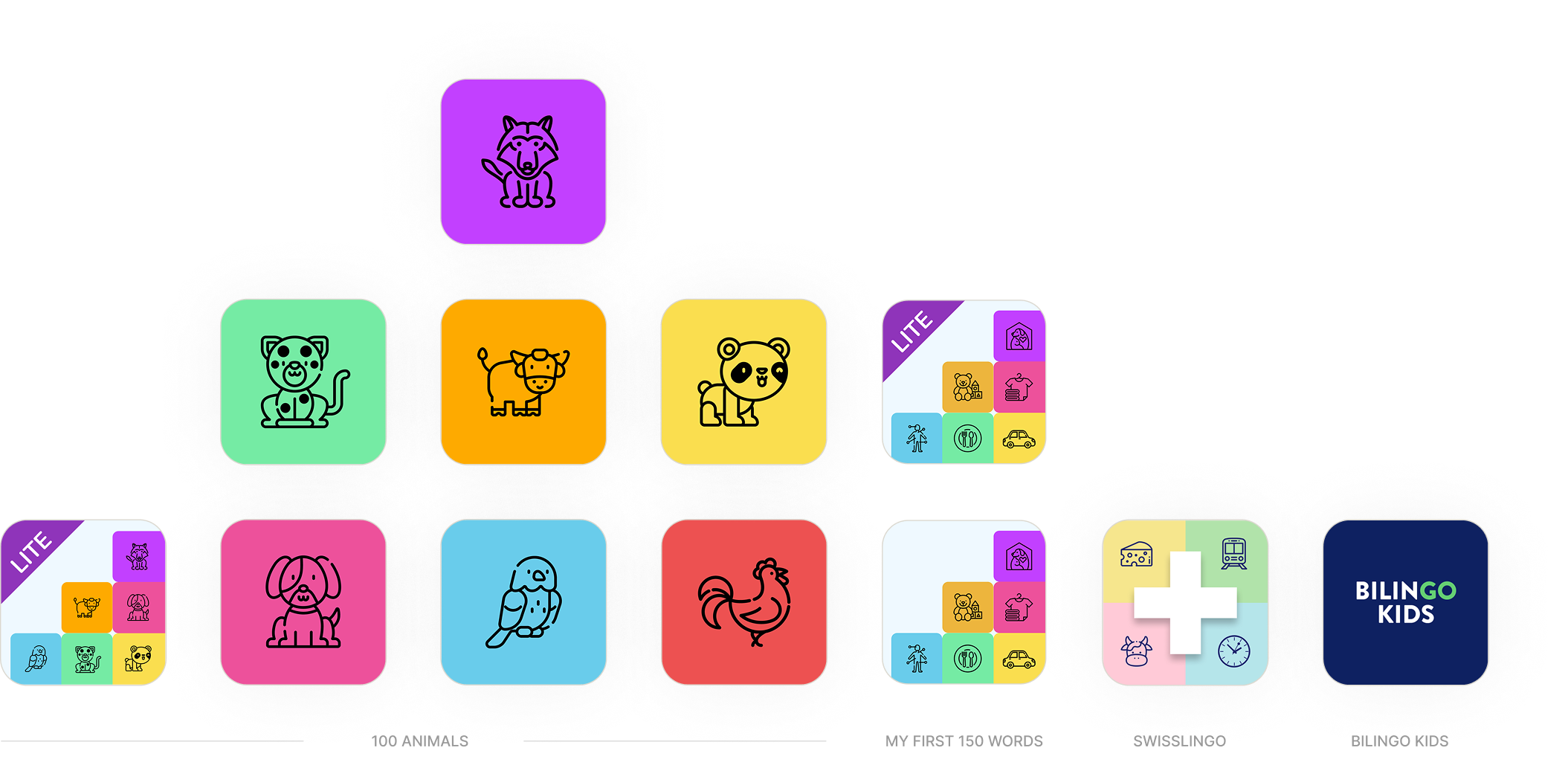 App icons for the 12 apps family — 100 Animals, 100 Tiere, 150 Words, BilinGO Kids, SwissLingo