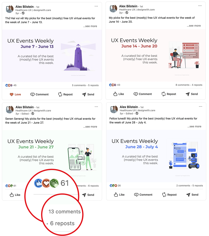 Alex Bilstein's LinkedIn posts — the UX event roundups that sparked the idea